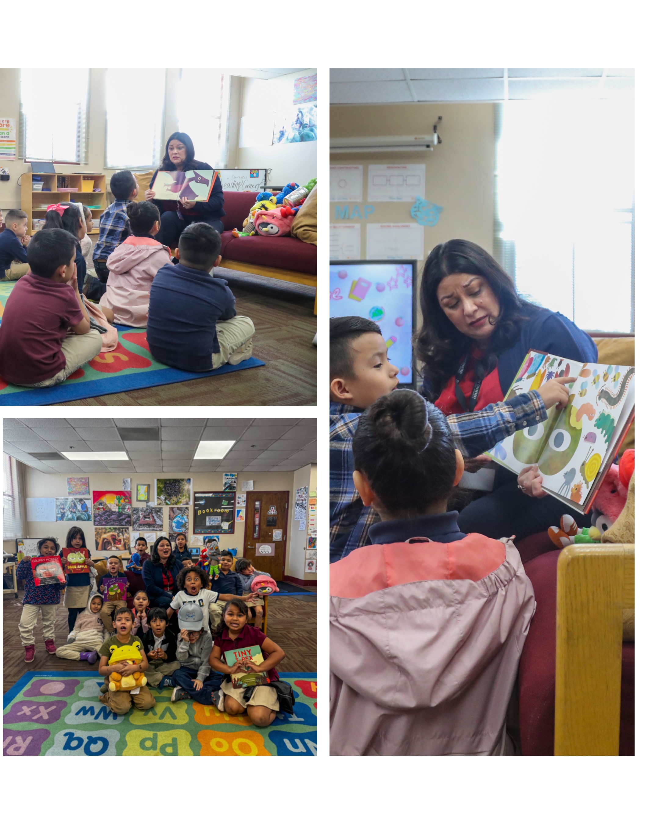 A collage of photos of a woman reading to a group of young students