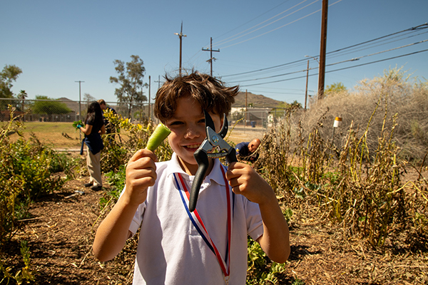 A boy proudly holds up garden shears and half a pepper